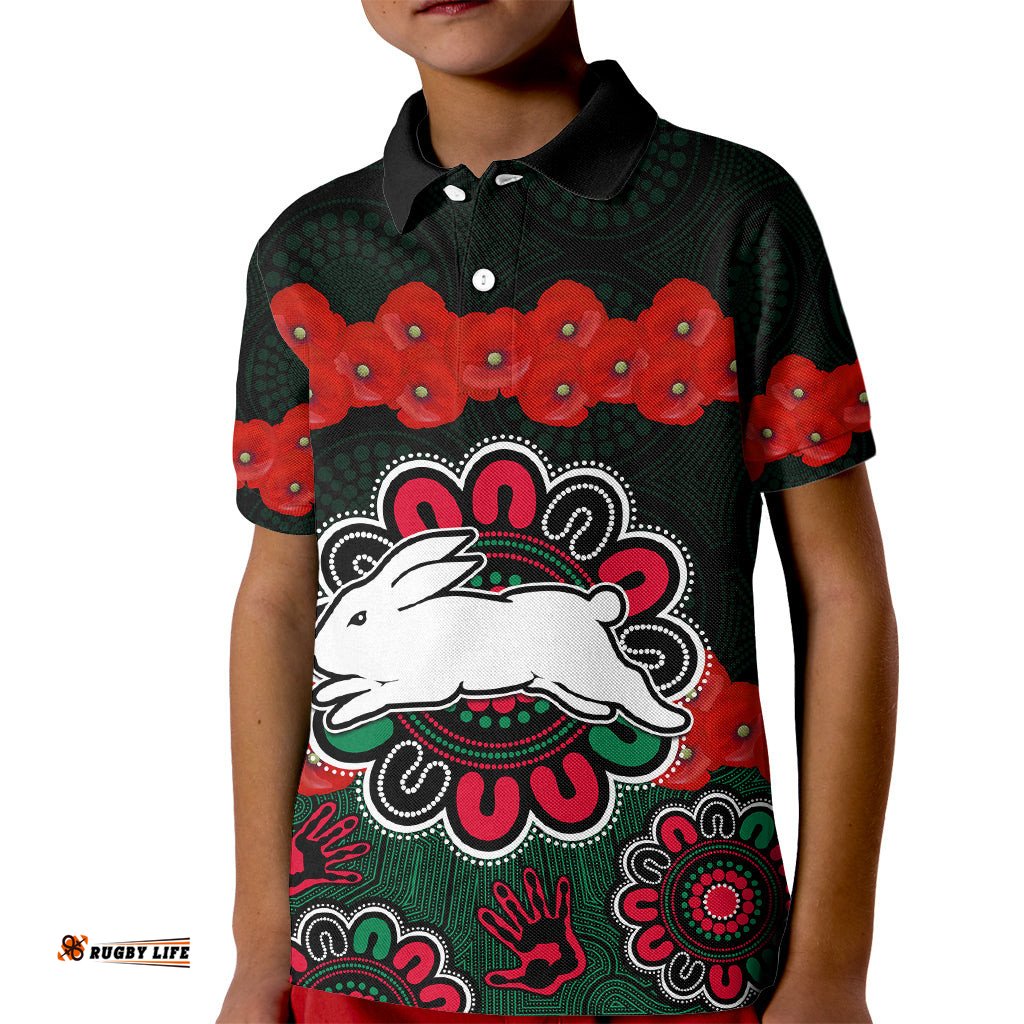 Custom Text And Number ANZACNRL Rabbitohs Rugby Kid Polo Shirt The Bunnies 1908 Poppy Flowers Mixed Aboriginal