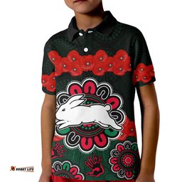 Custom Text And Number ANZACNRL Rabbitohs Rugby Kid Polo Shirt The Bunnies 1908 Poppy Flowers Mixed Aboriginal