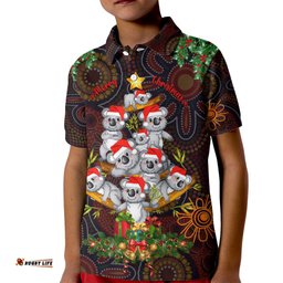 Aboriginal Christmas Kid Polo Shirt Aussie Koala Christmas Tree with Aboriginal Inspired