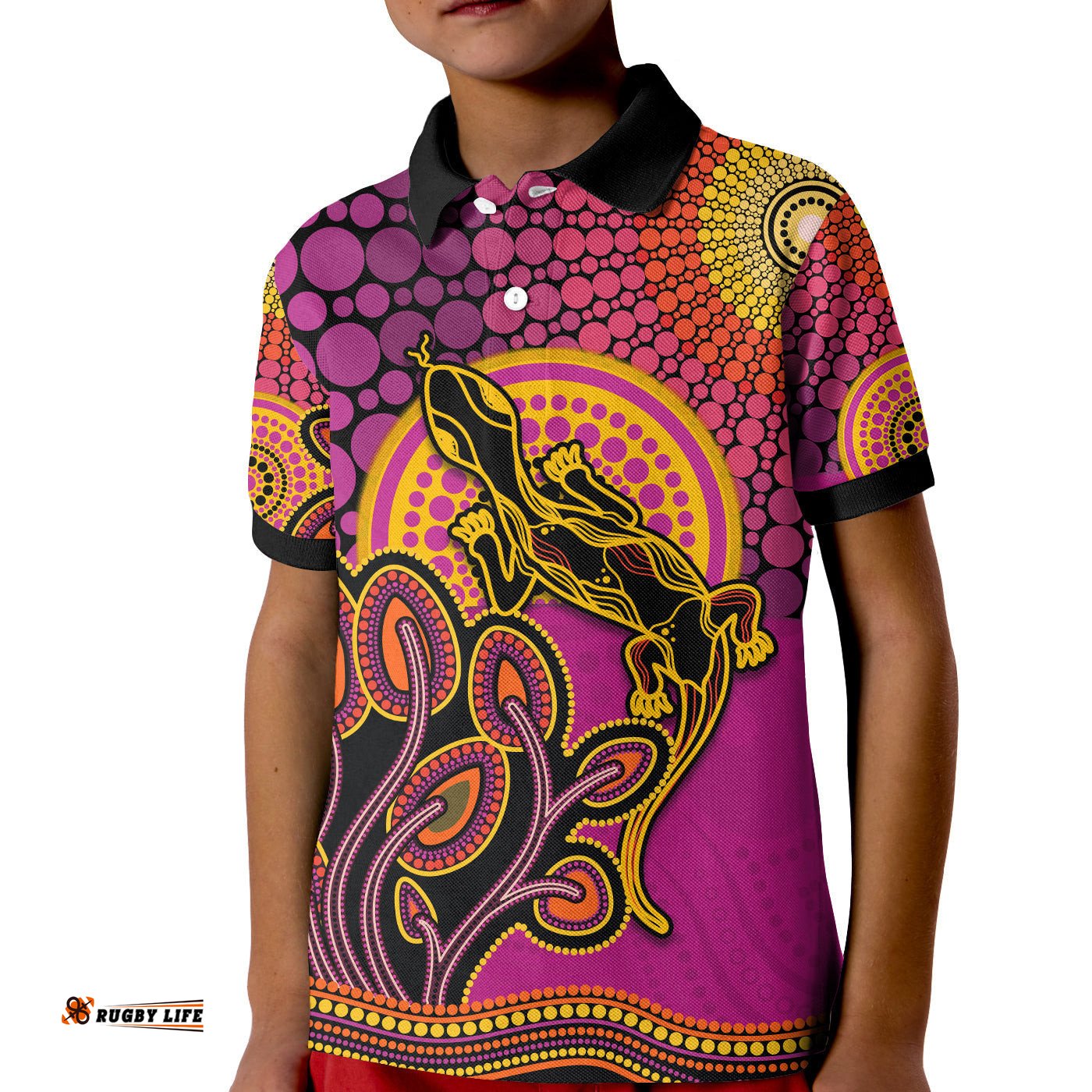 Aboriginal Lizard Polo Shirt KID Tree On The Hill Sunshine