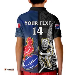Custom New Zealand And France Rugby Kid Polo Shirt All Black With Les Bleus TogetherWorld Cup