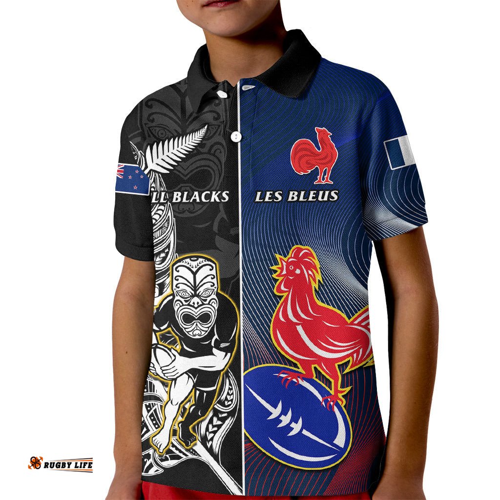 Custom New Zealand And France Rugby Kid Polo Shirt All Black With Les Bleus TogetherWorld Cup
