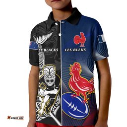 Custom New Zealand And France Rugby Kid Polo Shirt All Black With Les Bleus TogetherWorld Cup