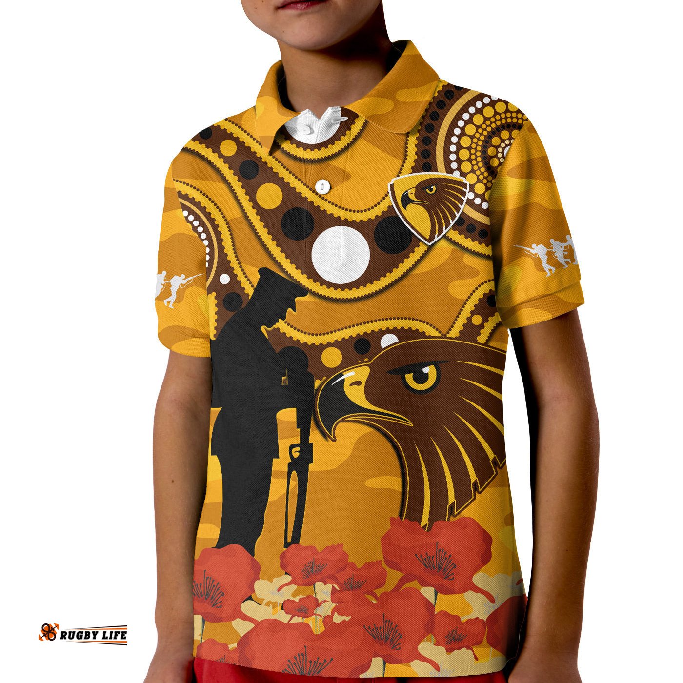 Custom Text And Number Hawks Football ANZACPolo Shirt KID Indigenous Mix Poppy Camouflage