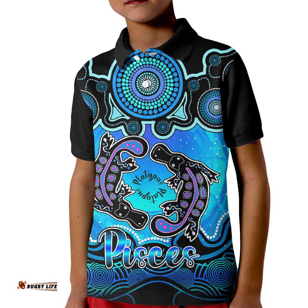 Personalised Australia Pisces Platypus Zodiac Kid Polo Shirt Auz Astrology Aboriginal - Aqua