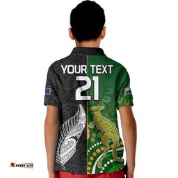 Custom Personalised Aotearoa Rugby All Black Combine Australia Wallabies Kid Polo Shirt Aboriginal Kangaroo And Maori Fern