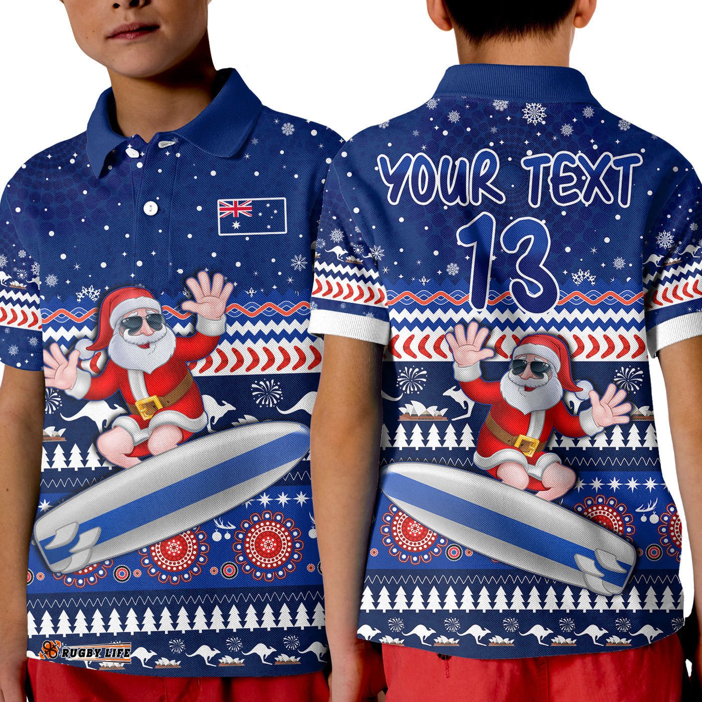 Custom Text and Number Australia Christmas Polo Shirt KID Aussie Aboriginal Santa Claus is Surfing with Kangaroo