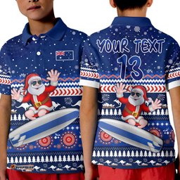 Custom Text and Number Australia Christmas Polo Shirt KID Aussie Aboriginal Santa Claus is Surfing with Kangaroo