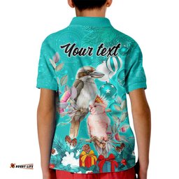 Personalised Kookaburra and Cockatoo Kid Polo Shirt Australia Merry Christmas Aboriginal Teal Style