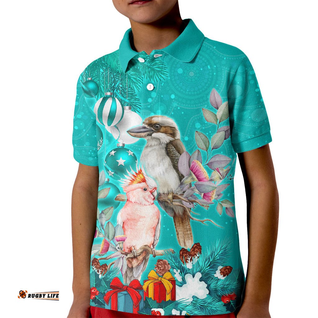 Personalised Kookaburra and Cockatoo Kid Polo Shirt Australia Merry Christmas Aboriginal Teal Style