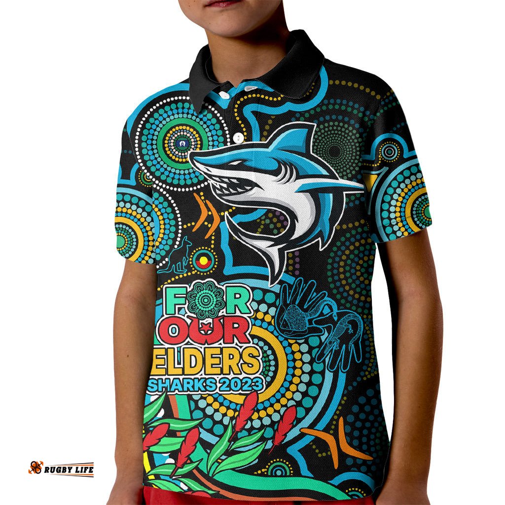Sharks Rugby Aboriginal Art Kid Polo Shirt NAIDOC Indigenous Tribal