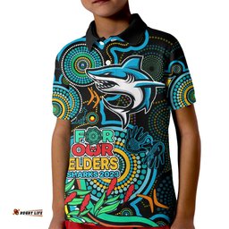 Sharks Rugby Aboriginal Art Kid Polo Shirt NAIDOC Indigenous Tribal
