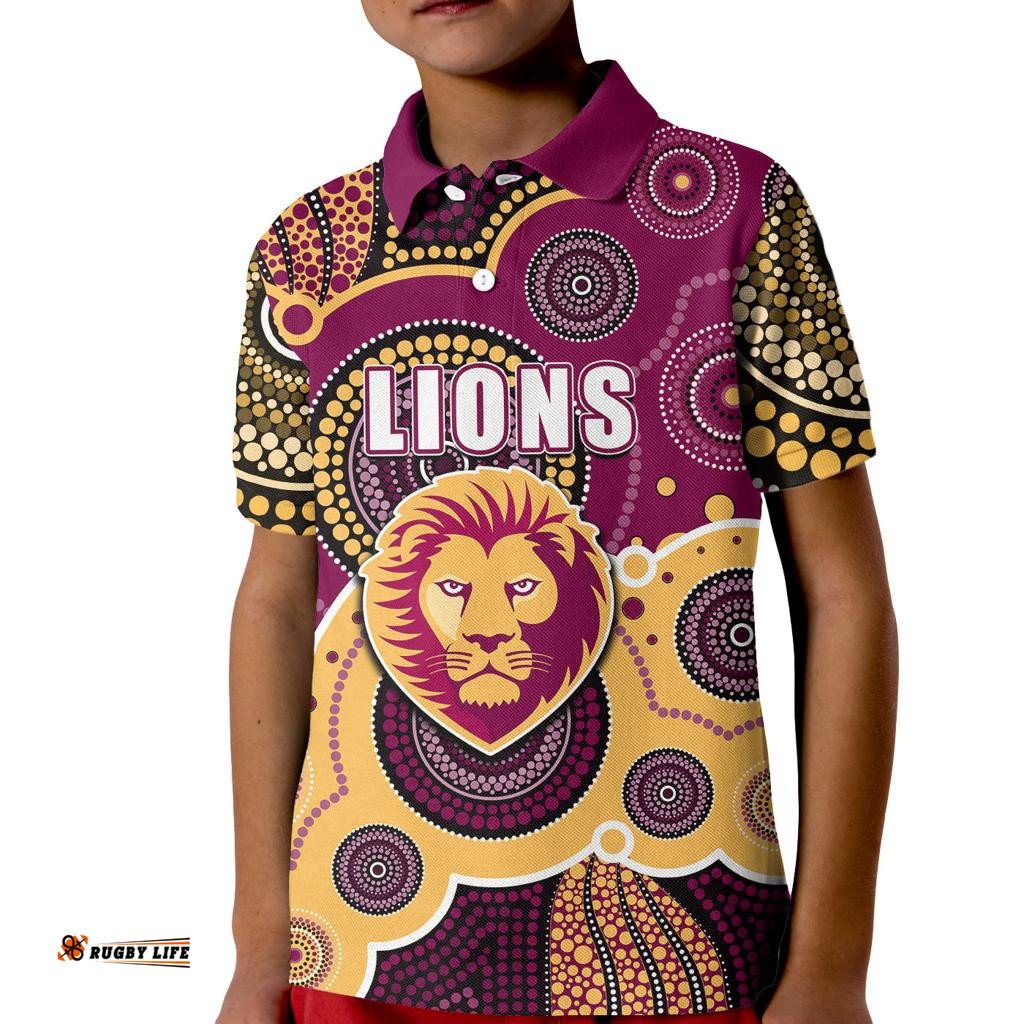 Custom Personalised And Number Lions AFL Kid Polo Shirt Aboriginal Patterns