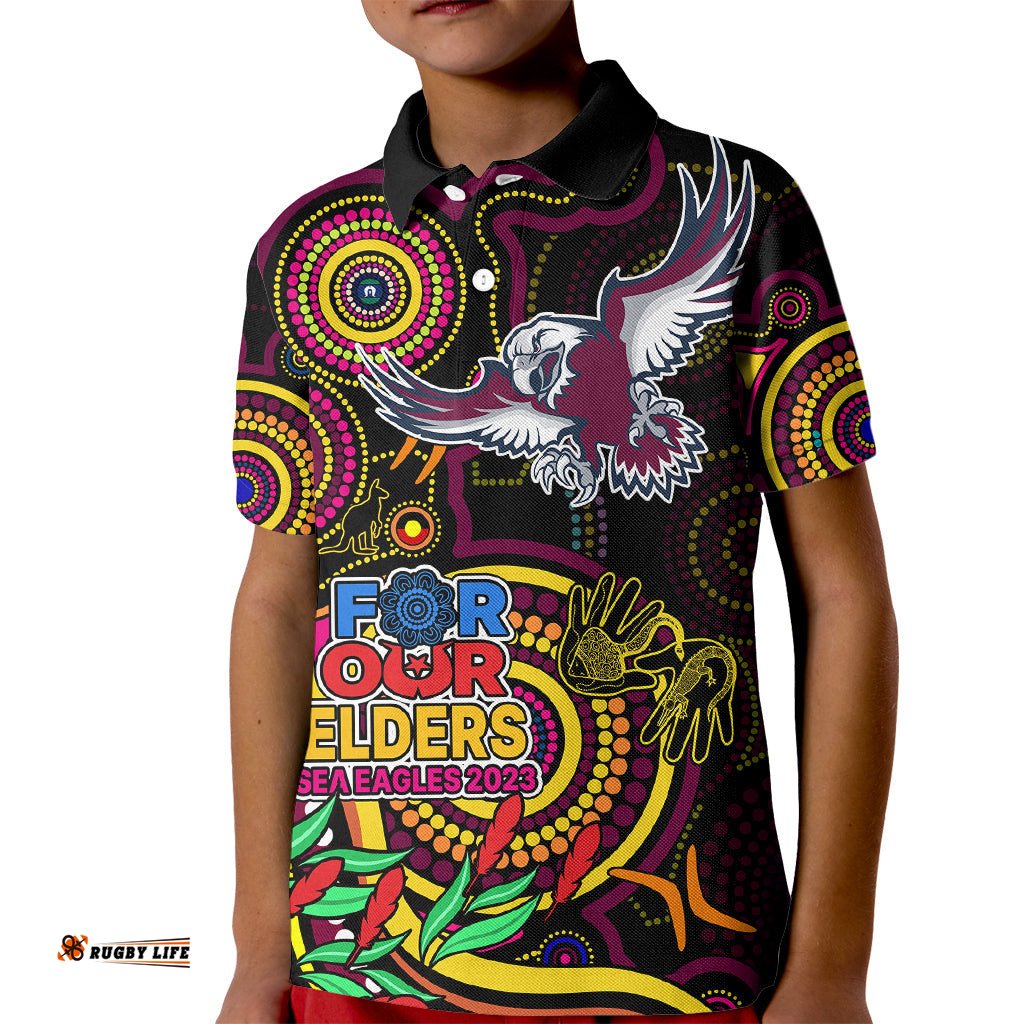 Sea Eagles Rugby Aboriginal Art Kid Polo Shirt NAIDOC Indigenous Tribal