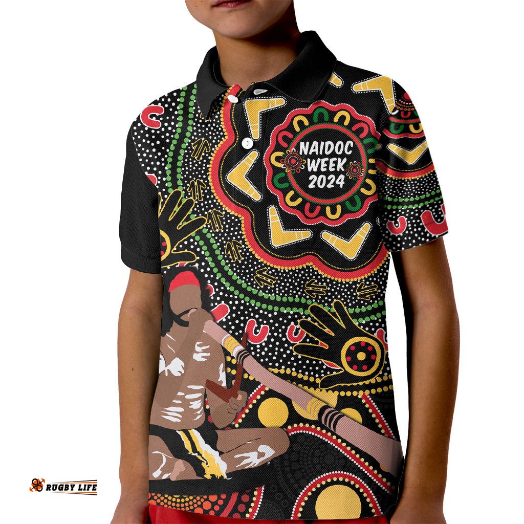 Australia Didgeridoo NAIDOC Week 2024 Kid Polo Shirt Keep The Fire Burning Blak Loud and Proud