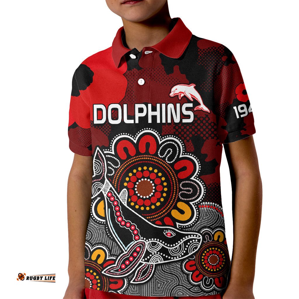 ANZAC Dolphins Rugby Kid Polo Shirt Indigenous Circles and Waves
