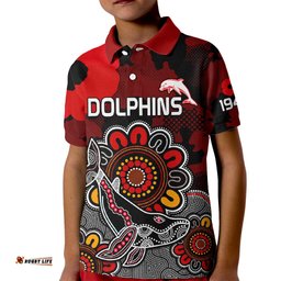 ANZAC Dolphins Rugby Kid Polo Shirt Indigenous Circles and Waves