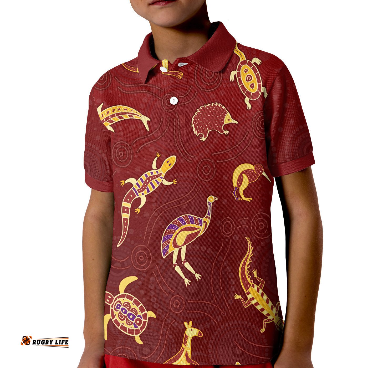Aboriginal Art Polo Shirt KID Animals Australia Version Maroon