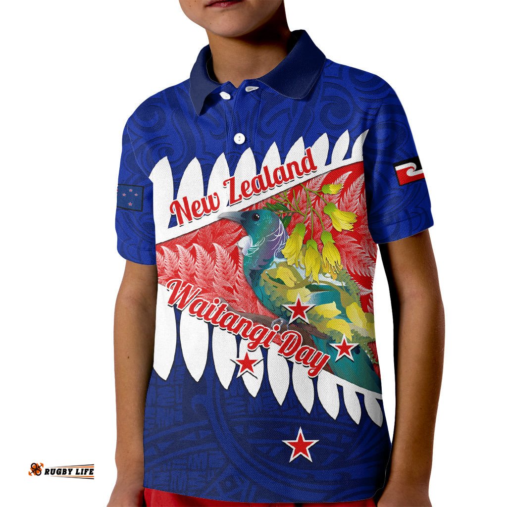 New Zealand Waitangi Day Kid Polo Shirt NZ Maori Tui Bird With Kowhai Flowers