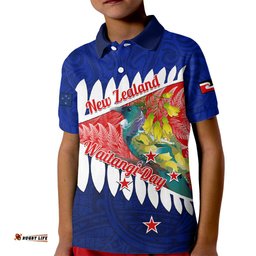 New Zealand Waitangi Day Kid Polo Shirt NZ Maori Tui Bird With Kowhai Flowers