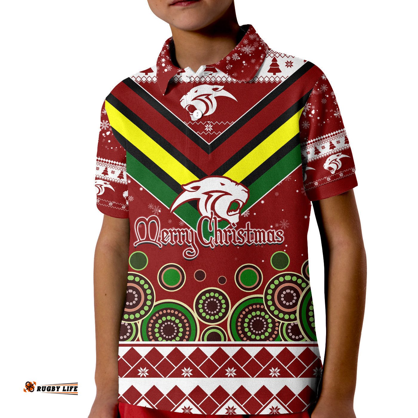 Aboriginal Christmas Black Panther With Santa Hat KID Polo Shirt