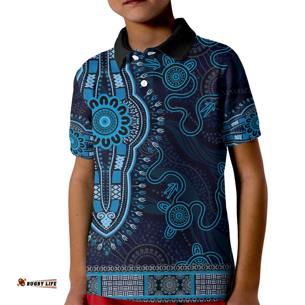 Blue African Dashiki With Australia Aboriginal Art Kid Polo Shirt