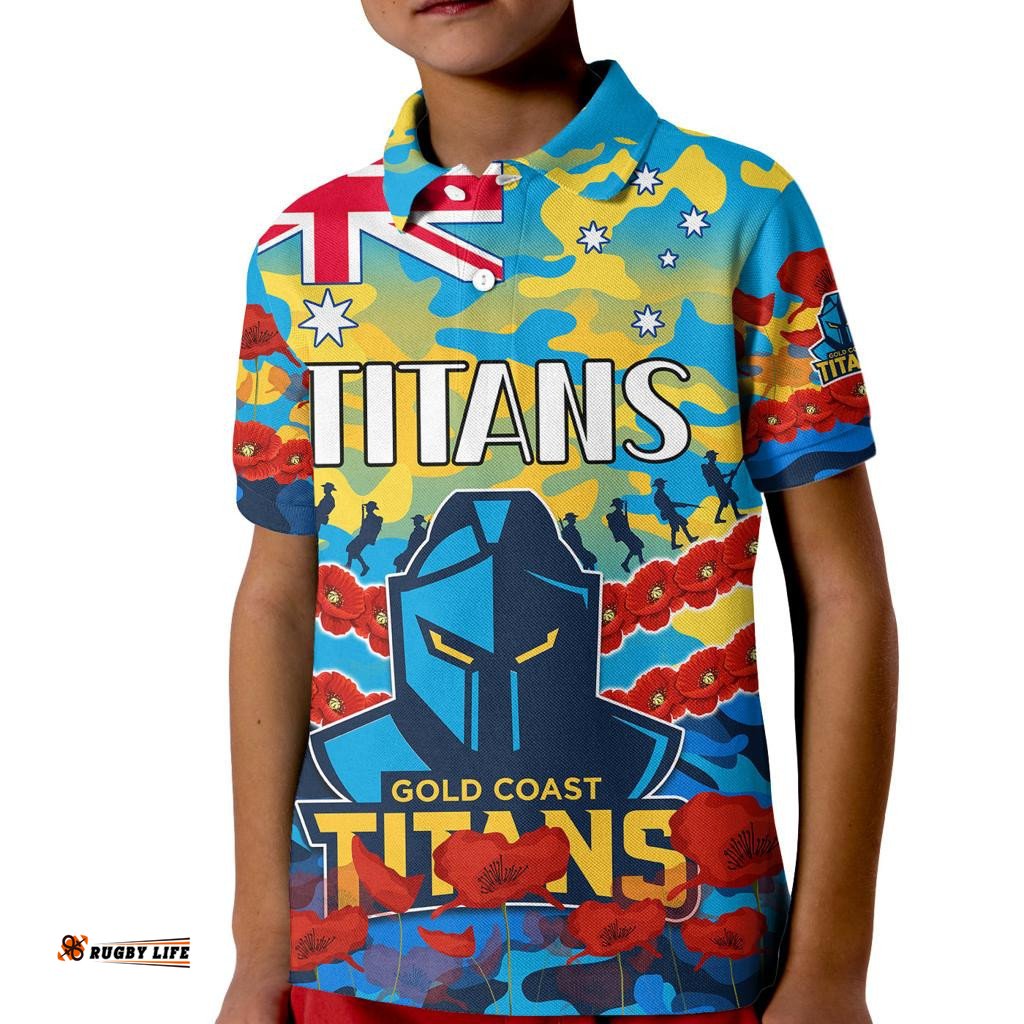 Custom Text And Number Titans Rugby ANZAC Kid Polo Shirt Lest We Forget