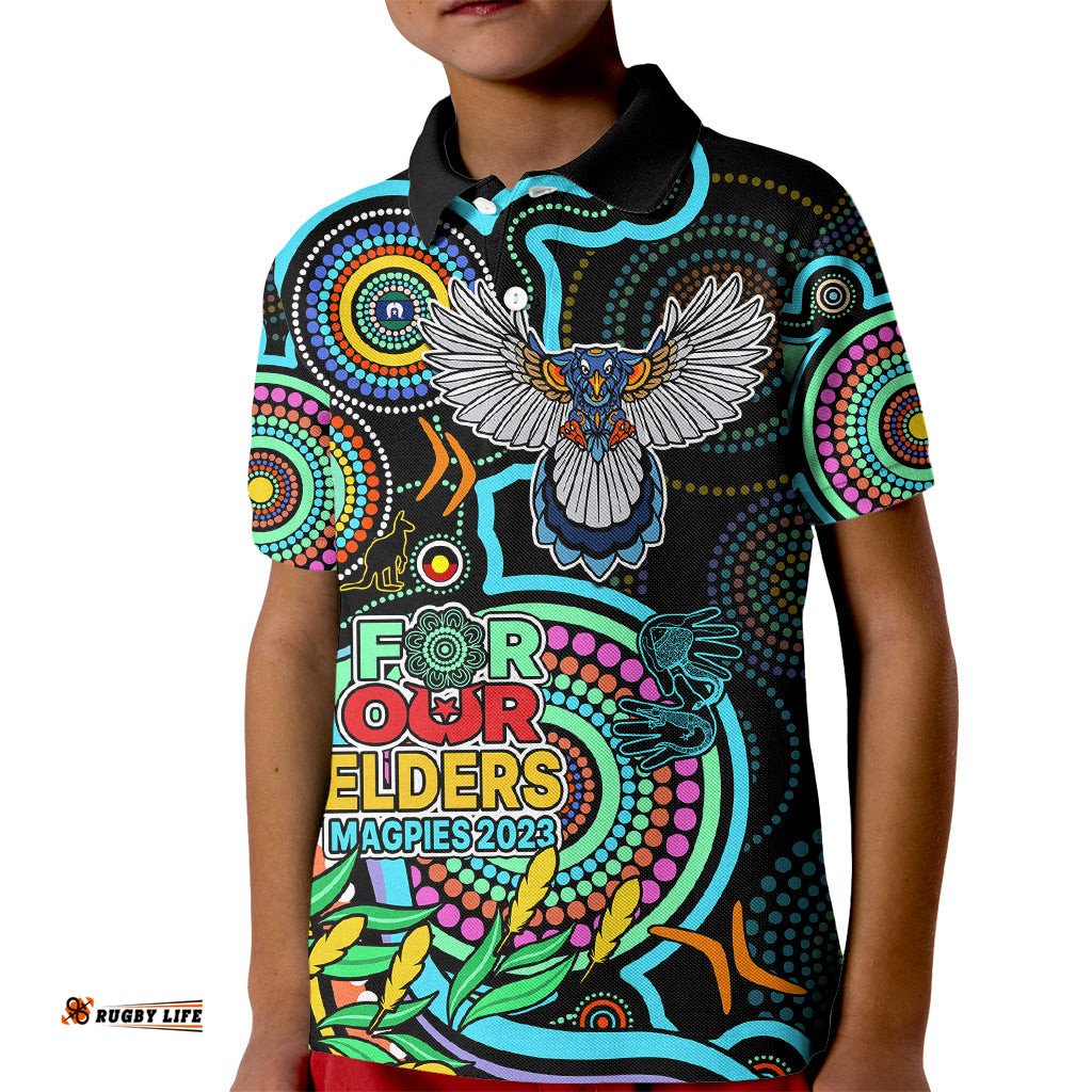 Custom Magpies Football Aboriginal Art Kid Polo Shirt NAIDOC Indigenous Tribal