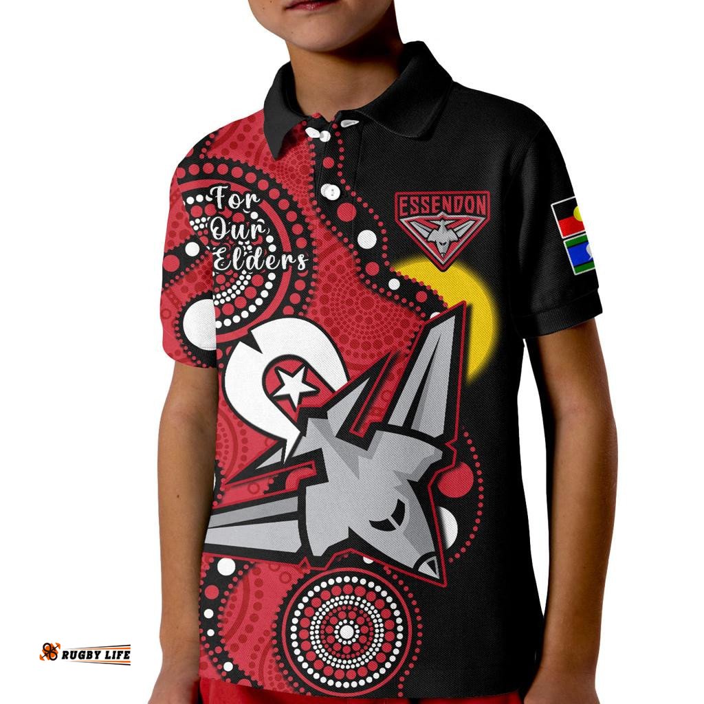 Custom Text And Number Essendon Football NAIDOCPolo Shirt KID Bombers For Our Elders Indigenous Art