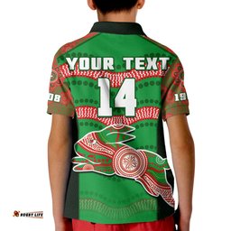 Custom Text And Number Rabbitohs Rugby Polo Shirt KID Souths 1908 Aboriginal Dot Painting Go Bunnies