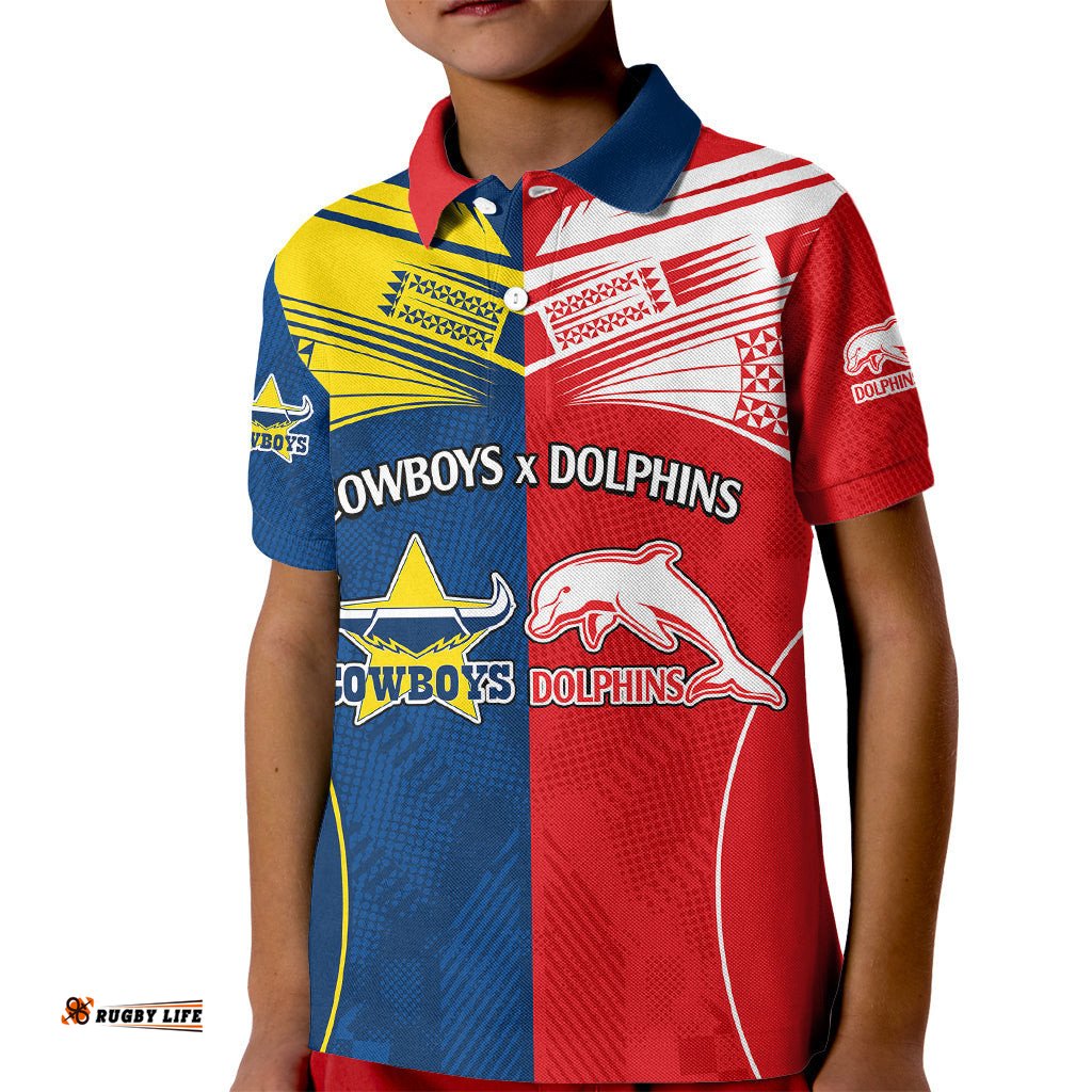 Custom Text And Number NRL Half Dolphins and Half Cowboys Rugby Kid Polo Shirt Sporty Style
