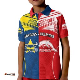 Custom Text And Number NRL Half Dolphins and Half Cowboys Rugby Kid Polo Shirt Sporty Style