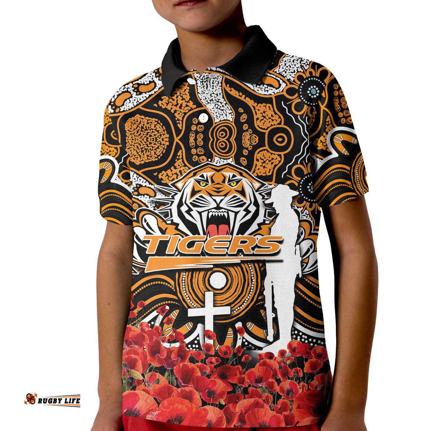 Wests Tigers Polo Shirt KID Anzac Day Poppy Flowers With Aboriginal