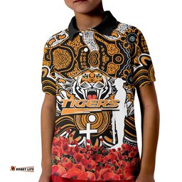 Wests Tigers Polo Shirt KID Anzac Day Poppy Flowers With Aboriginal
