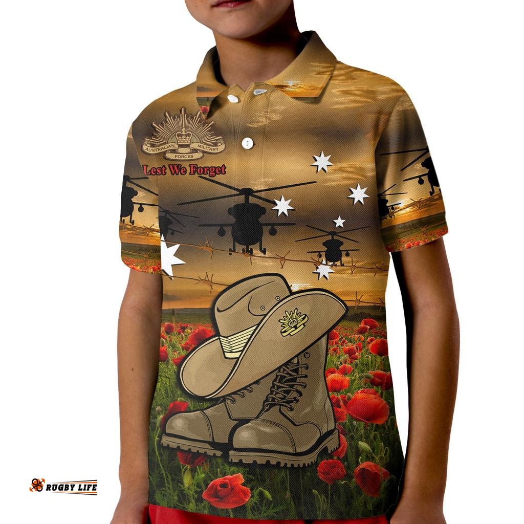 Australian ANZAC Kid Polo Shirt Slouch Hat And Army Boots With Poppy