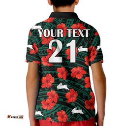 Custom Text And Number Rabbitohs Rugby Kid Polo Shirt Polynesian Style With Hibiscus