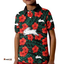 Custom Text And Number Rabbitohs Rugby Kid Polo Shirt Polynesian Style With Hibiscus