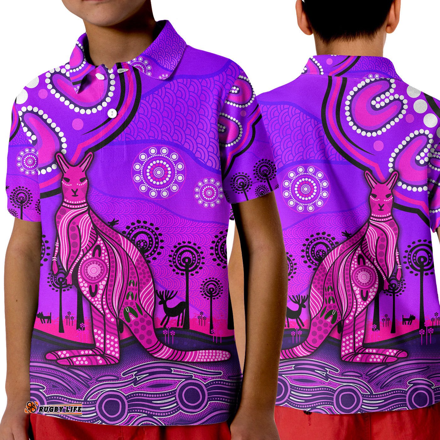 Aboriginal Art Kangaroo Polo Shirt KID Indigenous Unique Vibes - Purple