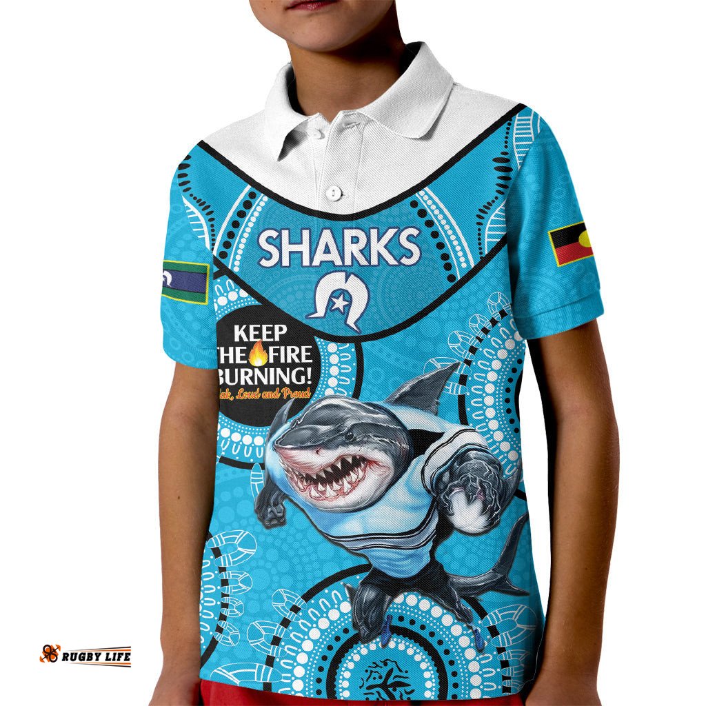 Custom NRL Sharks NAIDOC Week Kid Polo Shirt Keep The Fire Burning Indigenous Art