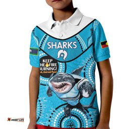 Custom NRL Sharks NAIDOC Week Kid Polo Shirt Keep The Fire Burning Indigenous Art