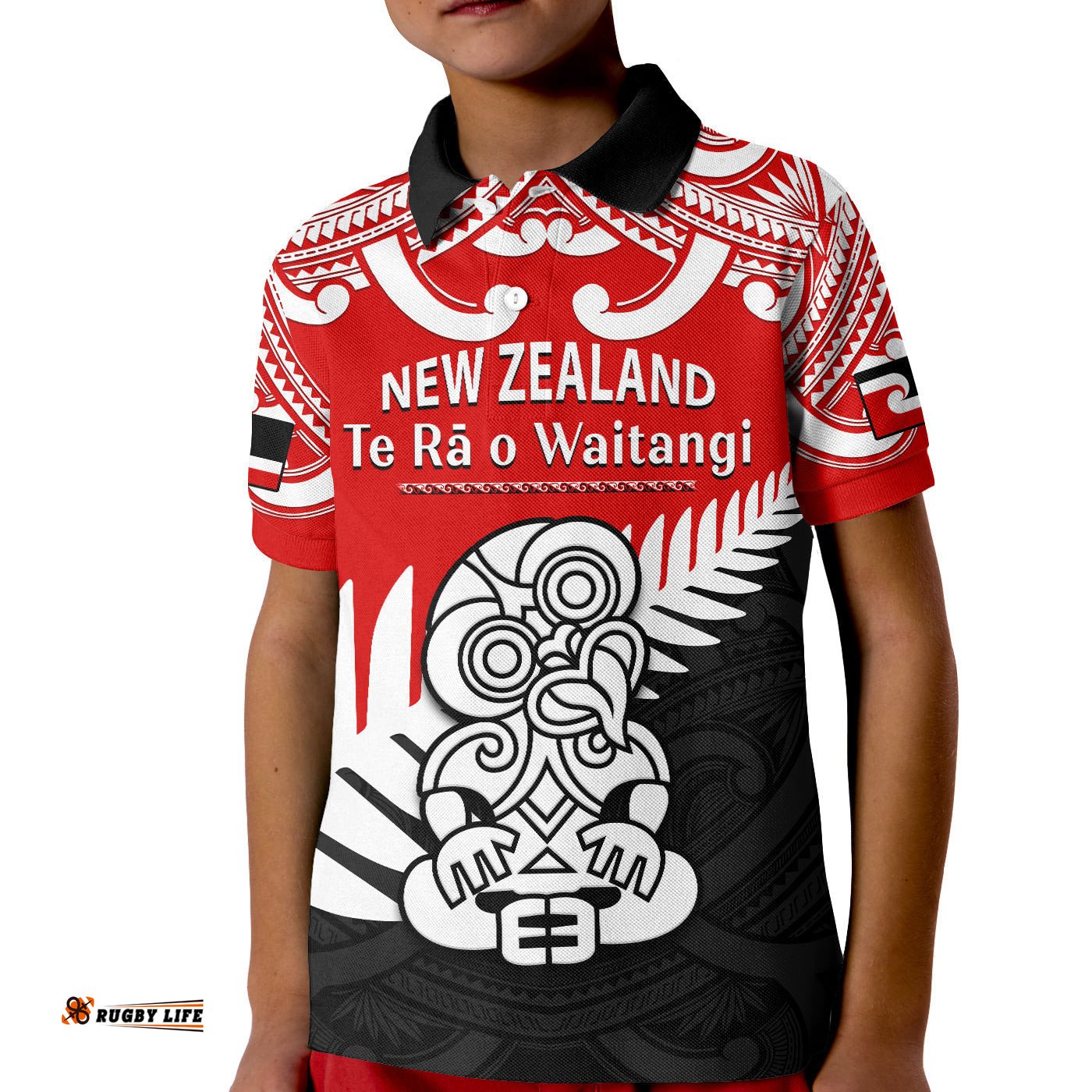 Waitangi Day Polo Shirt KID Tino Rangatiratanga Flag With Tiki Maori Fern