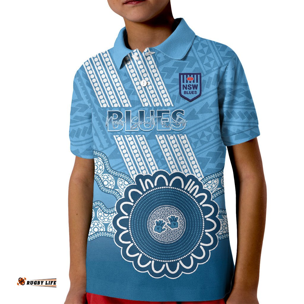 Custom NSW Blues Rugby Kid Polo Shirt Aussie Aboriginal Mix Polynesian Pattern