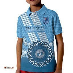 Custom NSW Blues Rugby Kid Polo Shirt Aussie Aboriginal Mix Polynesian Pattern
