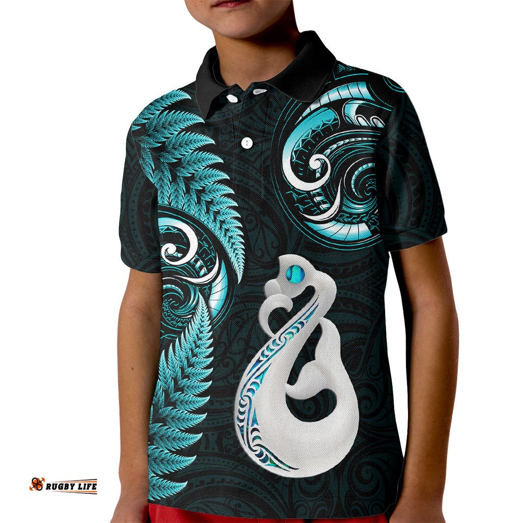 Personalised New Zealand Kid Polo Shirt Aotearoa Silver Fern With Manaia Maori Unique Turquoise