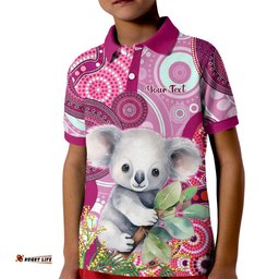 Personalised Australia Kid Polo Shirt Cute Koala With Golden Wattle Indigenous Art