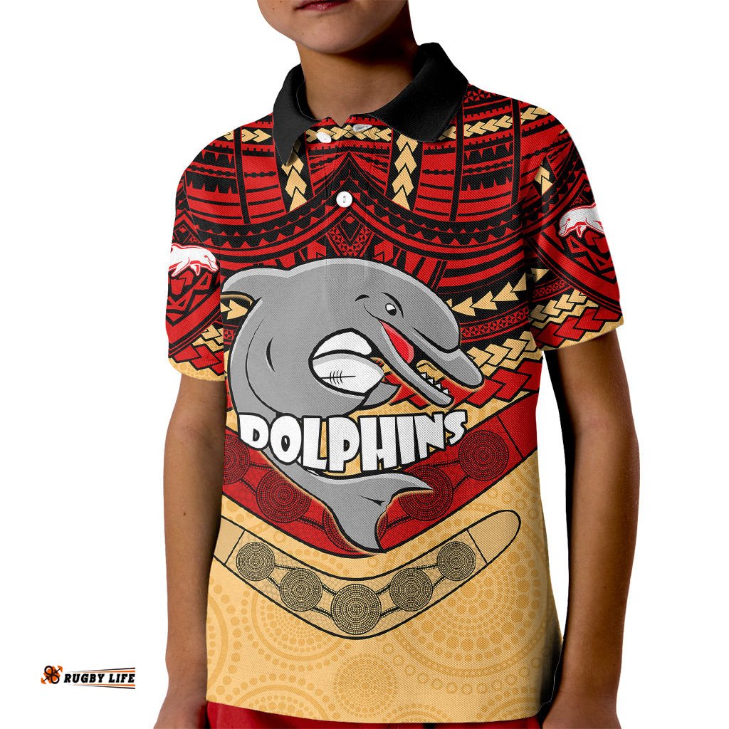 Custom Dolphins Rugby Kid Polo Shirt Polynesian and Aboriginal Vibe
