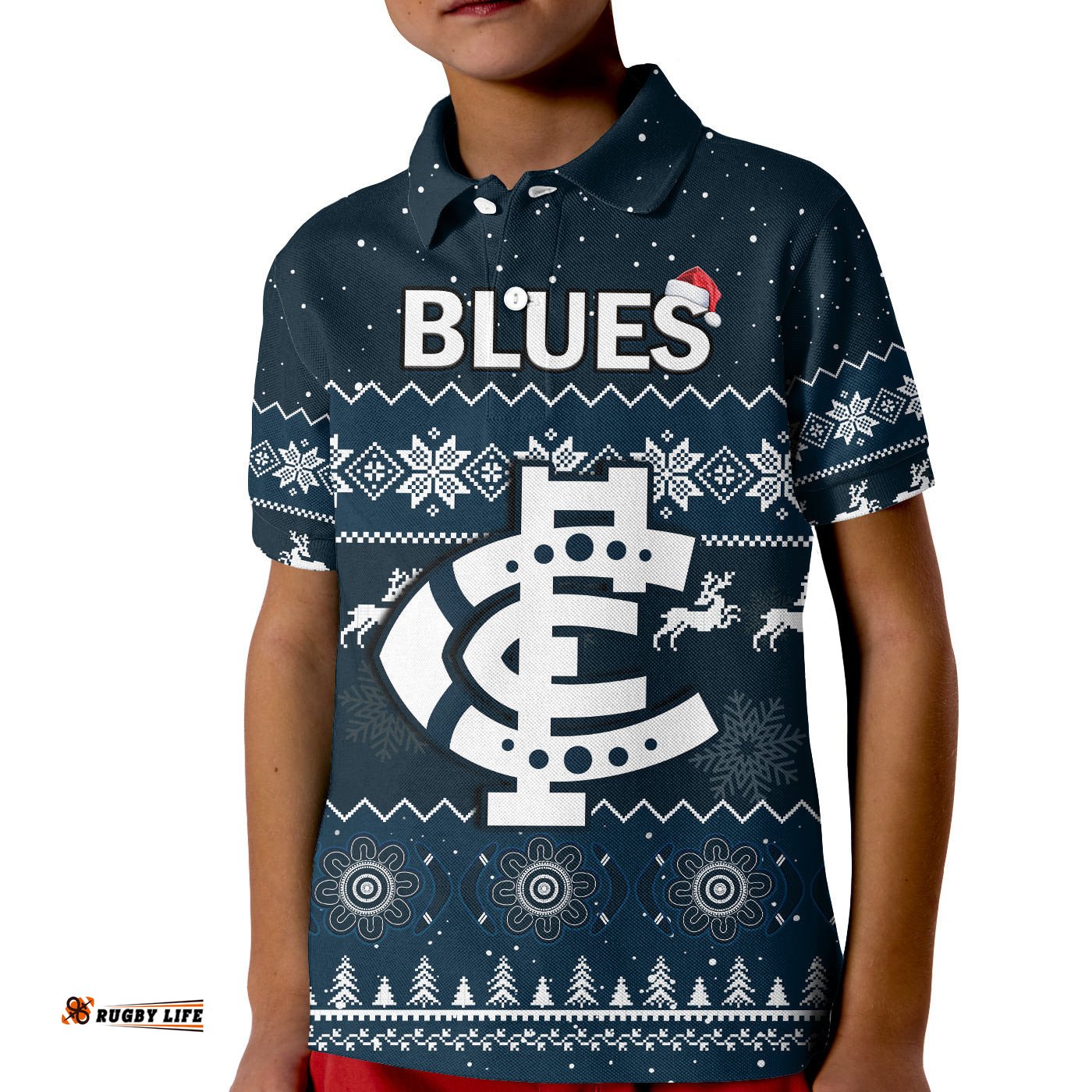 Custom Personalised Carlton Football Polo Shirt KID Blues Indigenous Merry Christmas