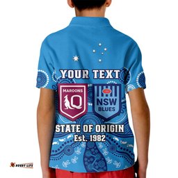 Personalised QLD Maroons and NSW Blues Rugby Kid Polo Shirt State of OriginIndigenous Blue