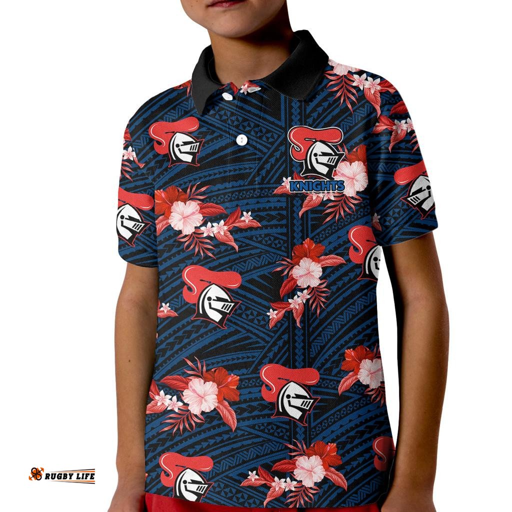 Custom Text And Number Newcastle Knights Rugby Kid Polo Shirt Polynesian Tribal Mix Tropical Hawaiian Style