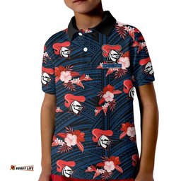 Custom Text And Number Newcastle Knights Rugby Kid Polo Shirt Polynesian Tribal Mix Tropical Hawaiian Style